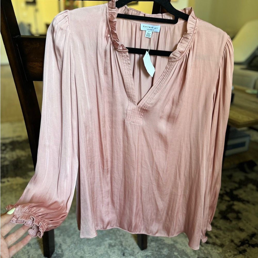Pink Ruffled Mandarin Collar Blouse